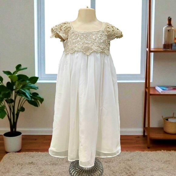Davids Bridal Metallic Crochet and Chiffon Flower Girl Dress Size 2T Soft White - Picture 3 of 10